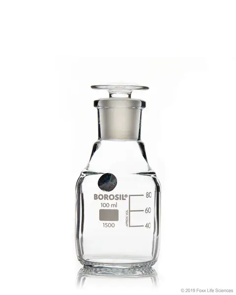 Borosil® Reagent Bottles Plain Narrow Mouth, Graduated with Interchangeable Glass Stopper, 14/23, 100 mL 10/CS
