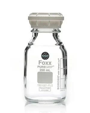 PUREGRIP® Reusable Round Glass Media Storage Bottles with GL45 VersaCap, Pouring Ring, and Extra Large Marking Spot, 250 mL, 10/CS