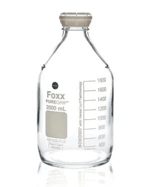 PUREGRIP® Reusable Round Glass Media Storage Bottles with GL45 VersaCap, Pouring Ring, and Extra Large Marking Spot, 2 L (2,000 mL), 10/CS