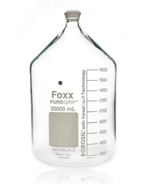 PUREGRIP® Reusable Round Glass Media Storage Bottles with GL45 VersaCap, Pouring Ring, and Extra Large Marking Spot, 20 L (20,000mL), 1/EA