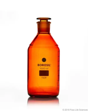 Borosil® Amber Light-Blocking Reagent Bottles with Ground Glass Stoppers and Graduations, 2 L (2,000 mL), 5/CS