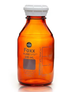 PUREGRIP® Reusable Amber Light-Blocking Round Glass Media Storage Bottles with GL45 VersaCap, Pouring Ring, and Extra Large Marking Spot, 500 mL, 10/CS