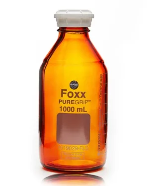 PUREGRIP® Reusable Amber Light-Blocking Round Glass Media Storage Bottles with GL45 VersaCap, Pouring Ring, and Extra Large Marking Spot, 1 L (1,000 mL), 10/CS