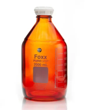 PUREGRIP® Reusable Amber Light-Blocking Round Glass Media Storage Bottles with GL45 VersaCap, Pouring Ring, and Extra Large Marking Spot, 2 L (2,000 mL), 10/CS