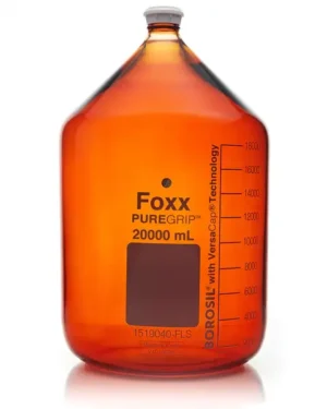 PUREGRIP® Reusable Amber Light-Blocking Round Glass Media Storage Bottles with GL45 VersaCap, Pouring Ring, and Extra Large Marking Spot, 20 L (20,000mL), 1/EA