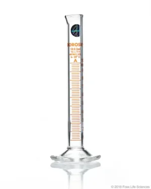 Borosil® Class A TC Graduated Measuring Cylinder with Pour Spout, Hexagonal Base, and Permanent Amber Graduations, Batch Certificate, 25 mL, 5/CS