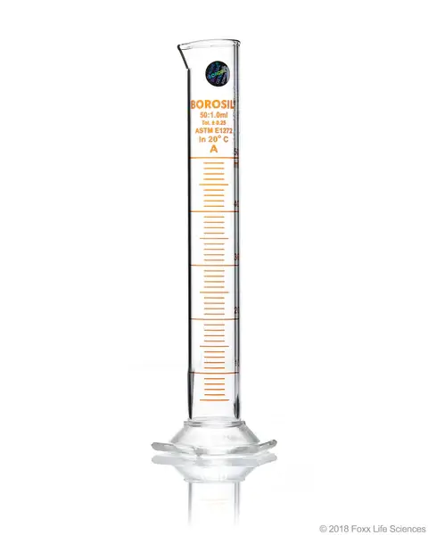 Borosil® Class A TC Graduated Measuring Cylinder with Pour Spout, Hexagonal Base, and Permanent Amber Graduations, Batch Certificate, 50 mL, 5/CS