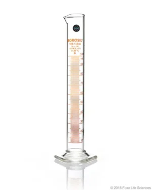 Borosil® Class A TC Graduated Measuring Cylinder with Pour Spout, Hexagonal Base, and Permanent Amber Graduations, Batch Certificate, 100 mL, 5/CS