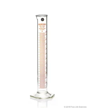 Borosil® Class A TC Graduated Measuring Cylinder with Pour Spout, Hexagonal Base, and Permanent Amber Graduations, Batch Certificate, 250 mL, 5/CS