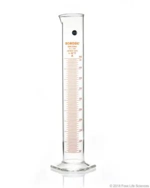 Borosil® Class A TC Graduated Measuring Cylinder with Pour Spout, Hexagonal Base, and Permanent Amber Graduations, Batch Certificate, 500 mL, 4/CS