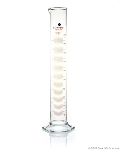 Borosil® Class A TC Graduated Measuring Cylinder with Pour Spout, Hexagonal Base, and Permanent Amber Graduations, Batch Certificate, 2 L (2,000 mL), 4/CS
