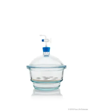 Borosil® Glass Vacuum Desiccator with Porcelain Plate and Borosilicate Lid with Glass Stopcock and PTFE Spindle, Med. Small (MS), 200 mm Diameter, 1/EA