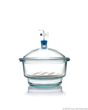 Borosil® Glass Vacuum Desiccator with Porcelain Plate and Borosilicate Lid with Glass Stopcock and PTFE Spindle, Medium (M), 250 mm Diameter, 1/EA