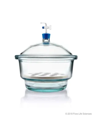 Borosil® Glass Vacuum Desiccator with Porcelain Plate and Borosilicate Lid with Glass Stopcock and PTFE Spindle, Large (L), 300 mm Diameter, 1/EA