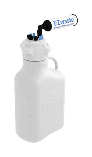 EZwaste® HPLC Solvent Waste System, 5 L Heavy Duty Reusable Carboy, 83 mm (83B) VersaCap with Four (4x) Ports for 1/8 Inch O.D. Tubing; Three (3x) Ports for 1/4 Inch O.D. Tubing, 1/EA