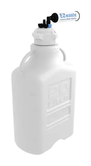 EZwaste® HPLC Solvent Waste System, 20 L Heavy Duty Reusable Carboy, 83 mm (83B) VersaCap with Four (4x) Ports for 1/8 Inch O.D. Tubing; Three (3x) Ports for 1/4 Inch O.D. 1X HB Tubing & Filter, 1/EA