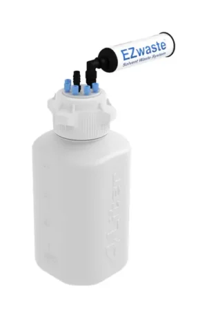 EZwaste® HPLC Solvent Waste System, 4 L HDPE Heavy Duty Reusable Bottle, 83 mm (83B) VersaCap with Six (6x) Ports for 1/8 Inch O.D. Tubing; One (1x) Hose Barb Port for 1/4 or 3/8 Inch I.D. Tubing & Filter, 1/EA