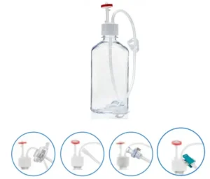 EZBio® Single Use Media Bottle Assembly, 1000 mL (1 L) Sterilized Polycarbonate (PC) Bottles for Aseptic Sampling and Sterile Storage, 38-430 mm VersaCap with Vent and Dip Tube, 10/CS