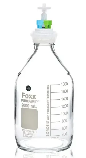 ChromCap™ 300 HPLC Solvent Reservoir System with VersaCap® GL45 and 2 L (2,000 mL) Clr. Glass Reagent Bottle, Class VI PTFE Adapter & Safety Air Inlet Valve, Four (4x) Ports- OD Tubing 3.2mm (1/8") or 1.6 mm (1/16"), 1/EA