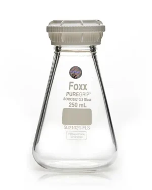 PUREGRIP Reusable Glass Erlenmeyer Flasks with GL45 VersaCap Screw Cap and Pouring Ring, 250 mL, 20/CS
