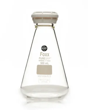 PUREGRIP Reusable Glass Erlenmeyer Flasks with GL45 VersaCap Screw Cap and Pouring Ring, 500 mL, 10/CS