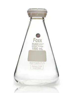 PUREGRIP Reusable Glass Erlenmeyer Flasks with GL45 VersaCap Screw Cap and Pouring Ring, 1 L (1,000 mL), 10/CS