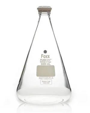 PUREGRIP Reusable Glass Erlenmeyer Flasks with GL45 VersaCap Screw Cap and Pouring Ring, 5 L (5,000 mL), 2/CS