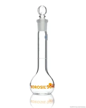 Borosil® Wide Mouth Class A Volumetric Flasks with Interchangeable Solid Glass  Pennyhead Stopper (14/23), Individual Certificate, 50 mL, 10/CS