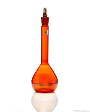 Borosil® Amber Light-Blocking Volumetric Flask Class A with Interchangeable Glass Pennyhead Stopper (19/26), Individual Certificate, 500 mL, 10/CS