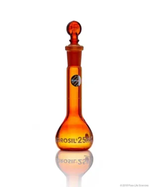Borosil® Amber Light-Blocking Wide Mouth Class A Volumetric Flasks with Glass Pennyhead Stopper (12/21), Individual Certificate, 25 mL, 5/CS