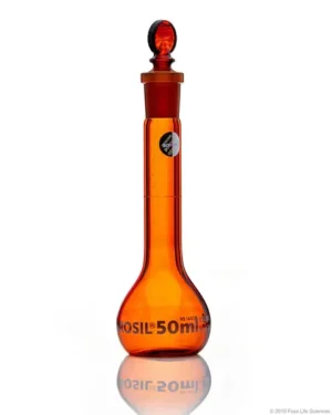 Borosil® Amber Light-Blocking Wide Mouth Class A Volumetric Flasks with Glass Pennyhead Stopper (14/23), Individual Certificate, 50 mL, 10/CS
