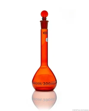 Borosil® Amber Light-Blocking Wide Mouth Class A Volumetric Flasks with Glass Pennyhead Stopper (19/26), Batch Certificate, 200 mL, 10/CS