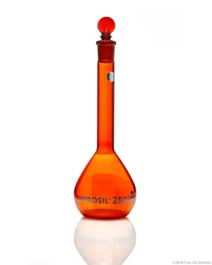 Borosil® Amber Light-Blocking Wide Mouth Class A Volumetric Flasks with Glass Pennyhead Stopper (19/26), Batch Certificate, 250 mL, 10/CS