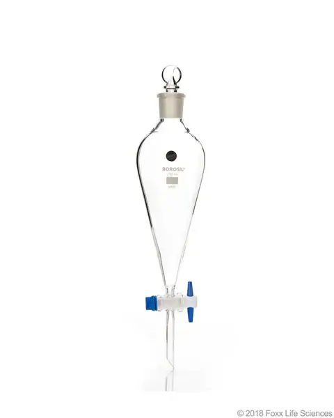 Borosil® Pear-Shaped Glass Separatory Funnel with Boroflo Stopcock PTFE key, Interchangeable Glass Stopper (29/32), 1 L (1,000 mL), 10/CS