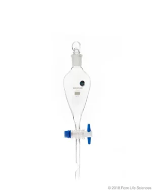 Borosil® Glass Separatory Funnels Pear Shape with stem PTFE Stopcock I/C Glass stopper, USP Type I Borosilicate 3.3, ISO 4800, 125 mL, 10/CS