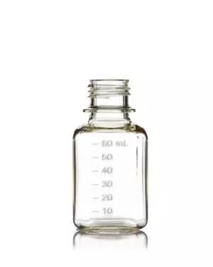 EZBio® 60 mL PETG Media Bottles, Non-Sterile, Square Storage Bottles with 24-415 mm Neck, Without Caps, 40/CS