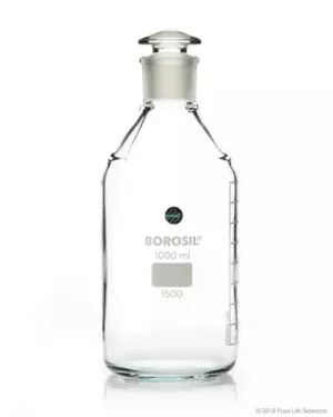 Borosil® Reagent Bottles Plain Narrow Mouth, Graduated with Interchangeable Glass Stopper, 29/32, 1 L (1,000 mL), 10/CS