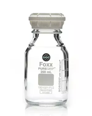 PUREGRIP® Reusable Round Glass Media Storage Bottles with GL45 VersaCap, Pouring Ring, and Extra Large Marking Spot, 250 mL, 10/CS