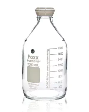 PUREGRIP® Reusable Round Glass Media Storage Bottles with GL45 VersaCap, Pouring Ring, and Extra Large Marking Spot, 2 L (2,000 mL), 10/CS