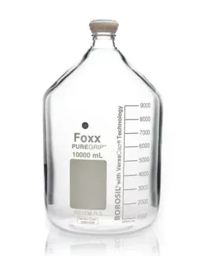 PUREGRIP® Reusable Round Glass Media Storage Bottles with GL45 VersaCap, Pouring Ring, and Extra Large Marking Spot, 10 L (10,000 mL), 1/EA