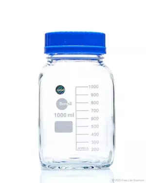 Borosil® Reagent Square Bottles GL80 PP Screw Cap PP Pouring Ring 1000 mL, 10/CS