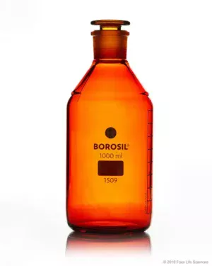 Borosil® Amber Light-Blocking Reagent Bottles with Ground Glass Stoppers and Graduations, 1 L (1,000 mL), 5/CS