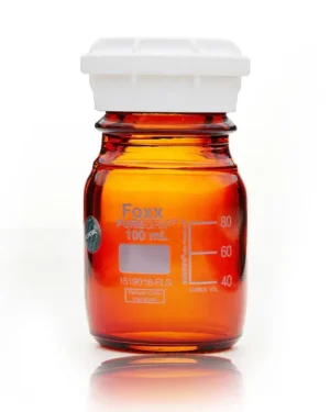 PUREGRIP® Reusable Amber Light-Blocking Round Glass Media Storage Bottles with GL45 VersaCap, Pouring Ring, and Extra Large Marking Spot, 100 mL, 10/CS