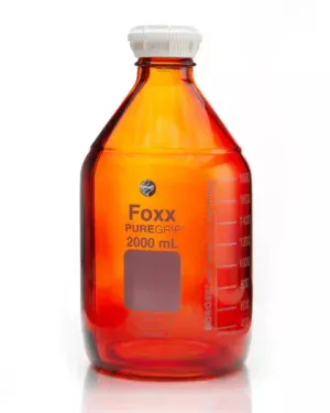 PUREGRIP® Reusable Amber Light-Blocking Round Glass Media Storage Bottles with GL45 VersaCap, Pouring Ring, and Extra Large Marking Spot, 2 L (2,000 mL), 10/CS