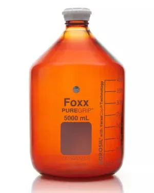 PUREGRIP® Reusable Amber Light-Blocking Round Glass Media Storage Bottles with GL45 VersaCap, Pouring Ring, and Extra Large Marking Spot, 5 L (5,000 mL), 1/EA