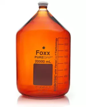 PUREGRIP® Reusable Amber Light-Blocking Round Glass Media Storage Bottles with GL45 VersaCap, Pouring Ring, and Extra Large Marking Spot, 20 L (20,000mL), 1/EA