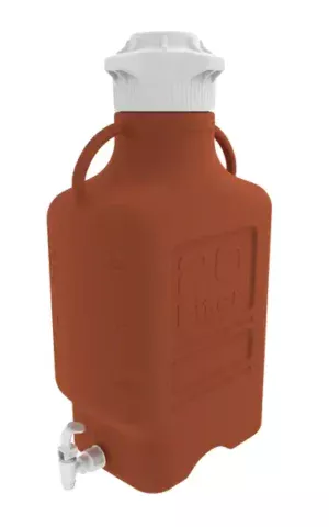 EZgrip® 20 L (5 Gal) Light Blocking Amber HDPE Space Saving Carboy with Leakproof Spigot, Wide Mouth 120 mm VersaCap and 26.5 L Max Capacity, Large Pinched Handles, 1/EA