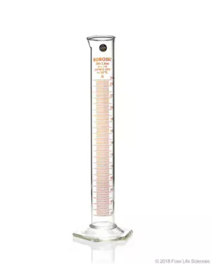 Borosil® Class A TC Graduated Measuring Cylinder with Pour Spout, Hexagonal Base, and Permanent Amber Graduations, Batch Certificate, 250 mL, 5/CS