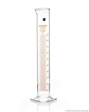 Borosil® Class A TC Graduated Measuring Cylinder with Pour Spout, Hexagonal Base, and Permanent Amber Graduations, Batch Certificate, 500 mL, 4/CS