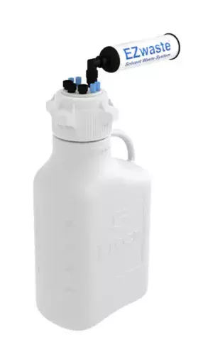EZwaste® HPLC Solvent Waste System, 5 L Heavy Duty Reusable Carboy, 83 mm (83B) VersaCap with Four (4x) Ports for 1/8 Inch O.D. Tubing; Three (3x) Ports for 1/4 Inch O.D. Tubing, 1/EA